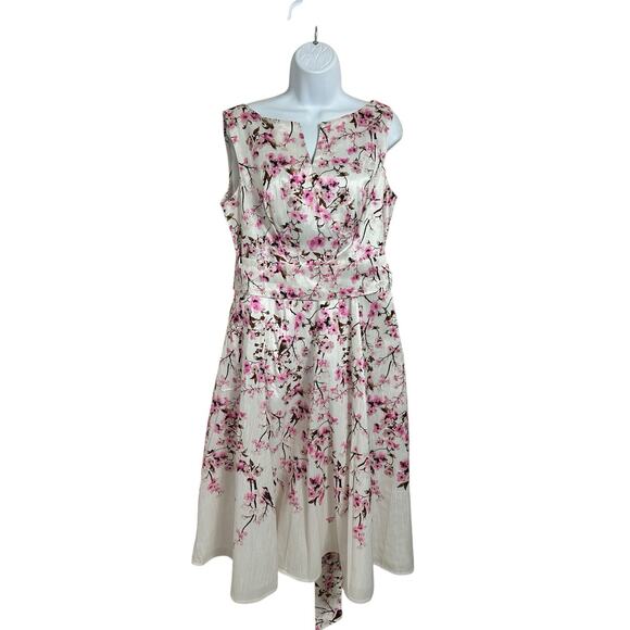 Cherry Blossom Print Dupioni Midi Dress Sz 16 Split Boat Neck Sash Belt New - Picture 9 of 13